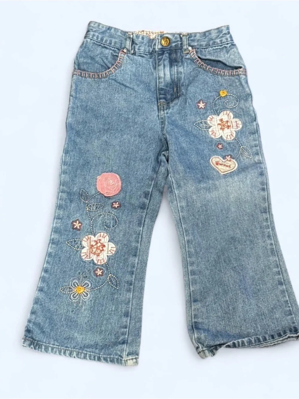 Faded Glory 3T Y2K Embroidered Floral Heart Jeans Kidcore Denim